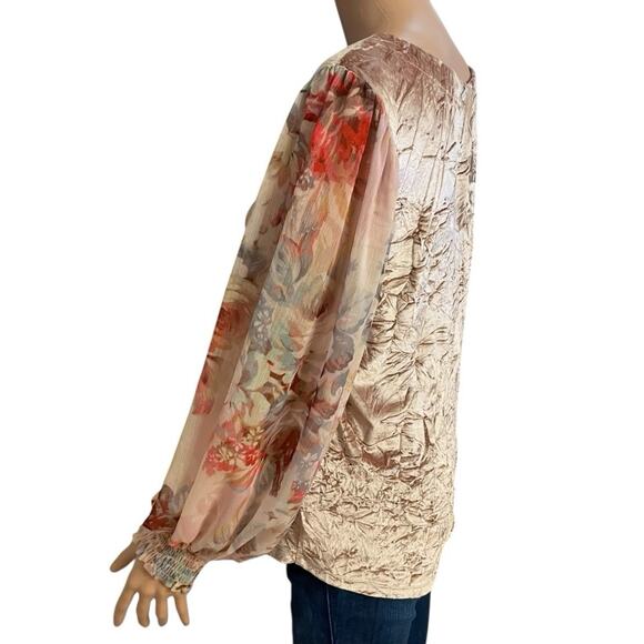 Anthropologie Meadow Rue Crushed Velvet Blouse Small Floral Balloon Sleeve Pink - Picture 2 of 10